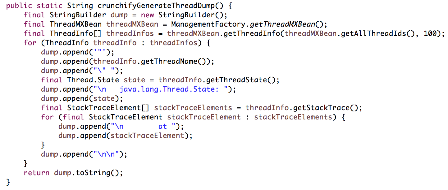 code to generate java thread dump